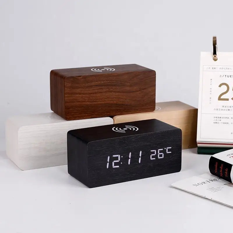 Wooden LED Digital Alarm Clock with Wireless Charging, Displaying Time, Date & Temperature – Multifunctional Desk & Bedside Clock