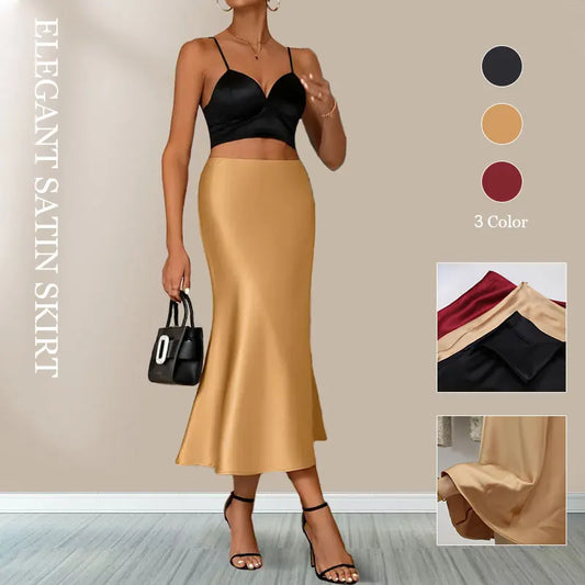 Elegant High-Waist Satin Skirt – Women's Korean Style A-Line Pencil Skirt for Office & Casual Wear