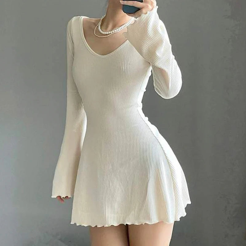 Elegant Knit Dress – V-Neck Solid Color Slim Dress for Women