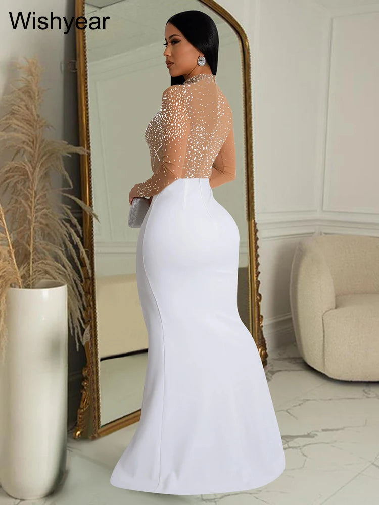 Wishyear Mermaid Evening Dress – Elegant Mesh Patchwork Long Sleeve High Split Prom Dress for Women