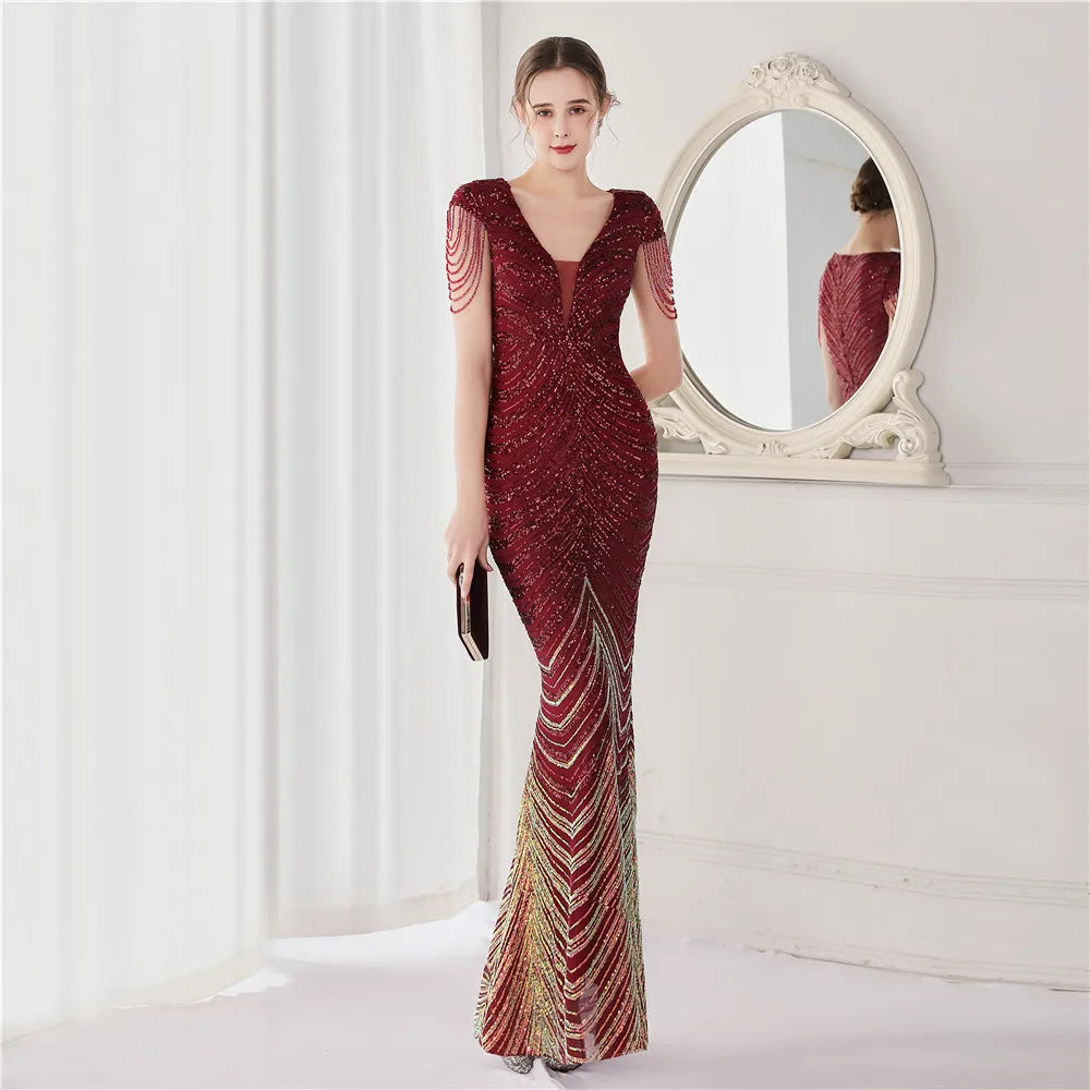 DEERVEADO V-Neck Mermaid Evening Dress – Beaded Long Formal Party Gown for Women
