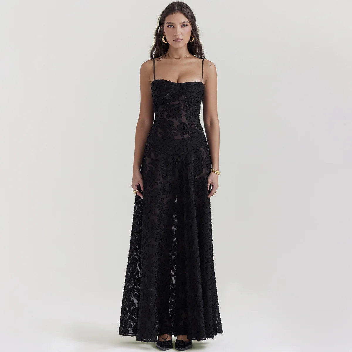 Oligai Elegant Embroidered Black Maxi Dress
