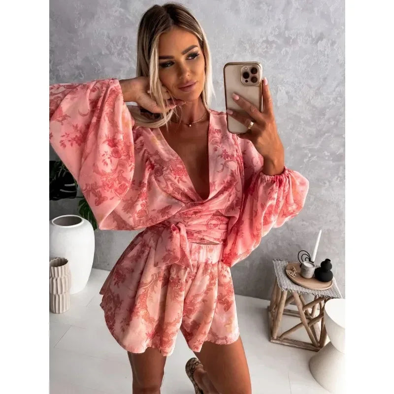 Women's V-neck Printed Long Sleeve Belted Jumpsuit Set