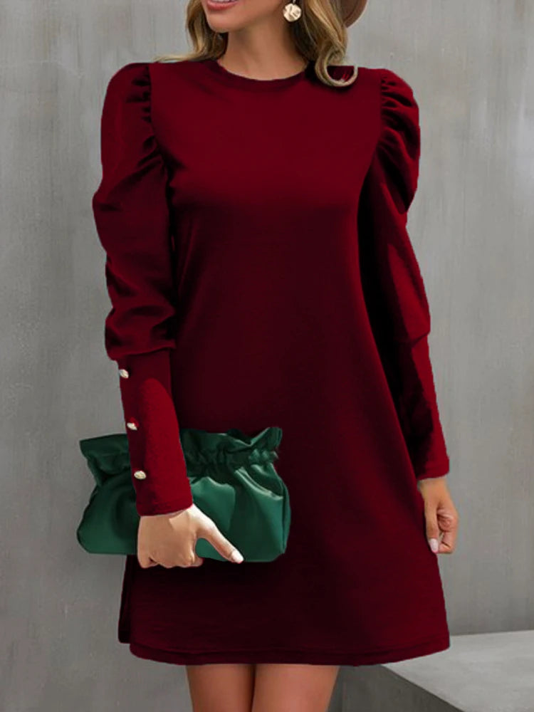 Elegant Autumn A-Line Midi Dress – Casual Loose Long Sleeve Black Dress for Women