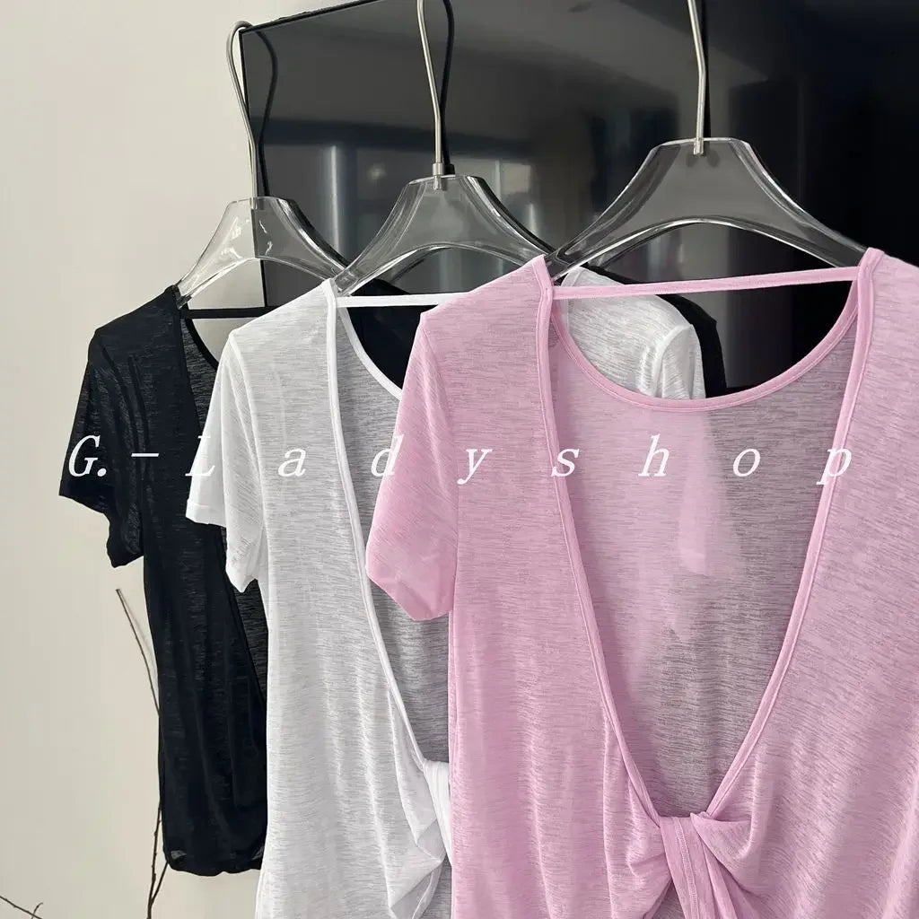 Breathable Hollow Out Viewable Bamboo Silk Yoga Top Sun Protection Thin Open-back Sports T-shirt Crew Neck Fitness Wear
