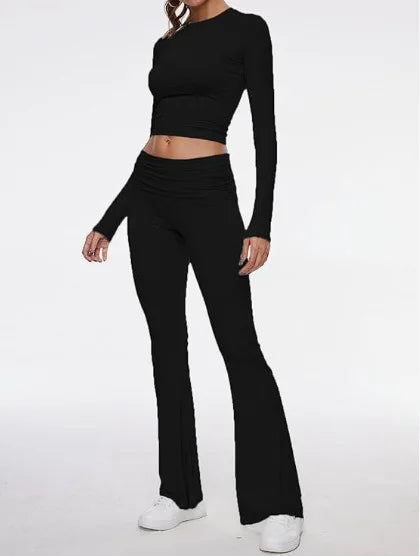 2024 Women’s 2-Piece Set - Round Neck Short Top & Low Waist Flare Pants
