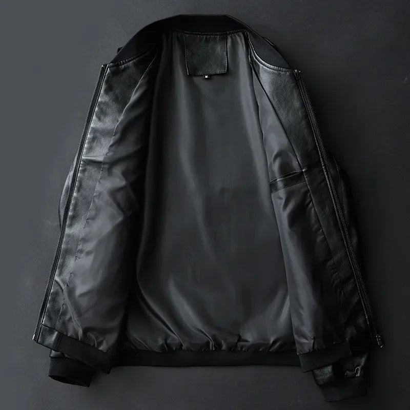 2024 Men’s Black PU Leather Biker Jacket — Slim Casual Korean Style