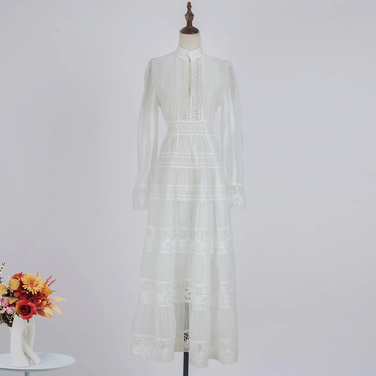 Lace Embroidered Cotton Maxi Dress – Long Sleeve Modest Wedding & Evening Gown for Women