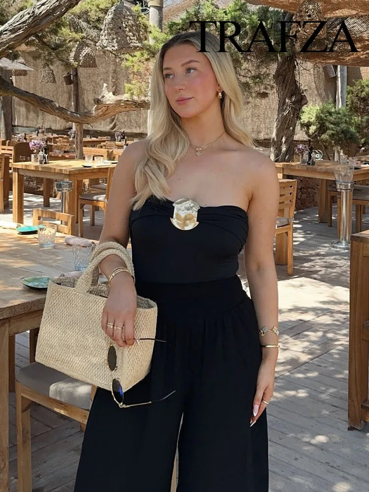 Sexy Metallic Sleeveless Jumpsuit – Women's Backless Pleated Outfit for Summer Beach & Party Wear