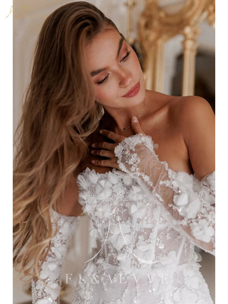 Luxury Beaded Short Wedding Dress – Lace Floral Appliques Long Sleeve Bridal Gown