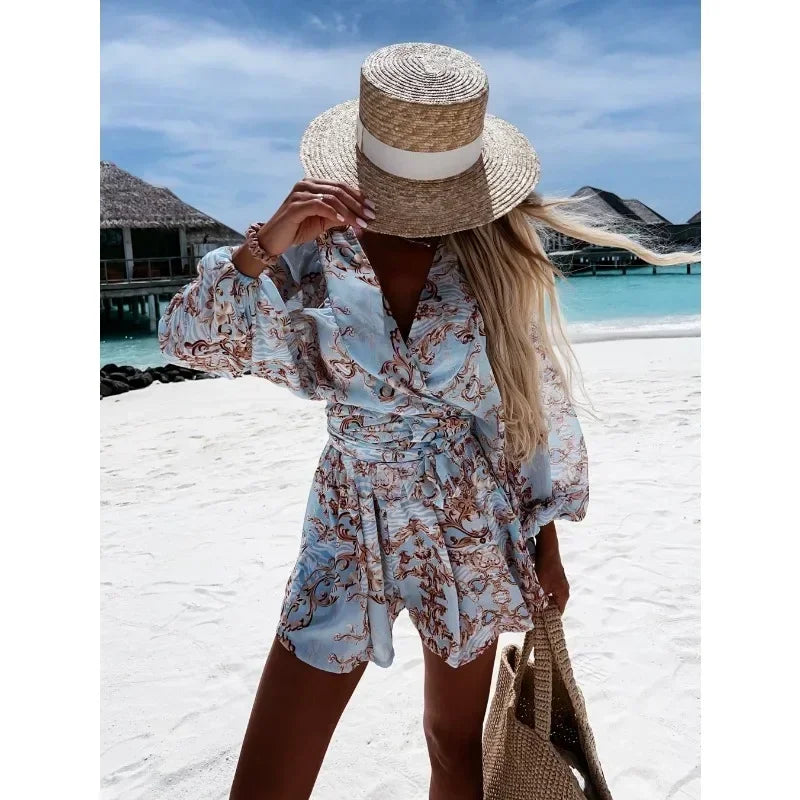 Women's V-neck Printed Long Sleeve Belted Jumpsuit Set