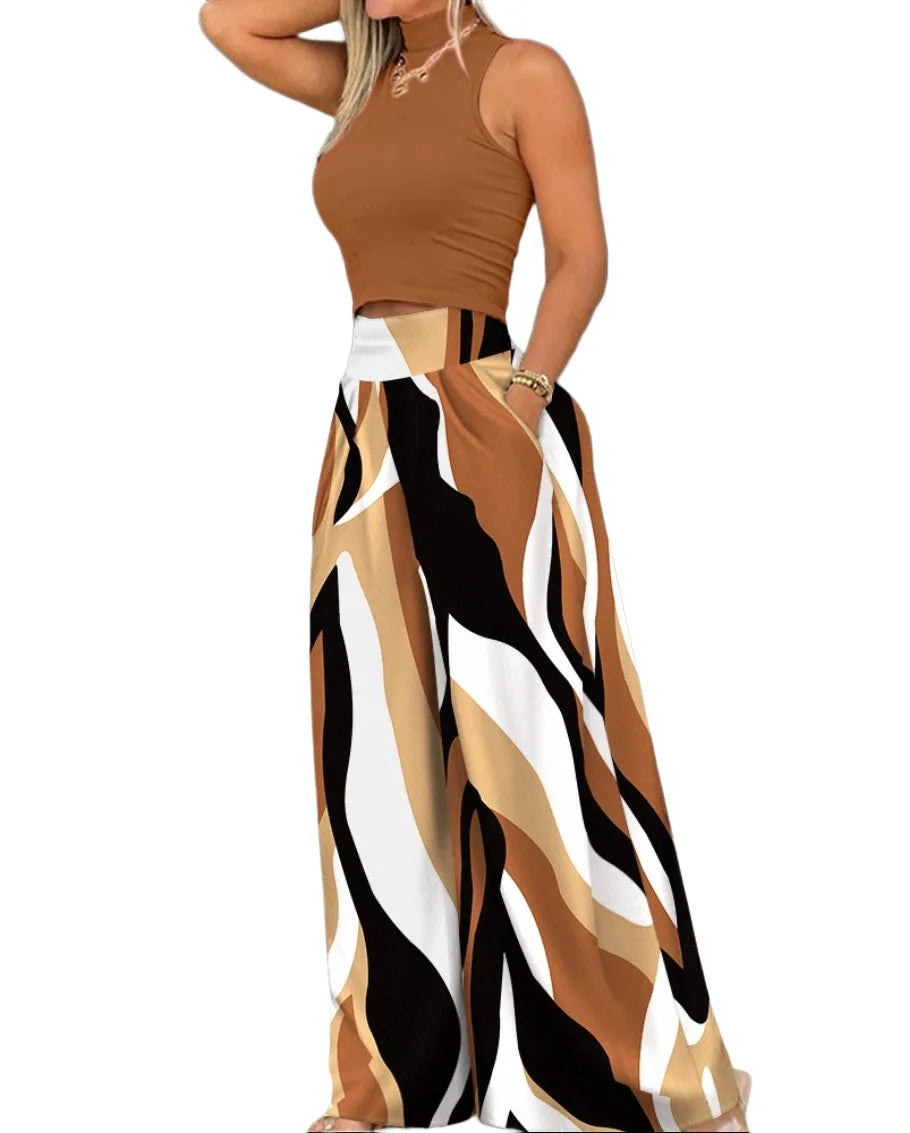 Summer 2024 Women’s Print Two-Piece Set - Sleeveless T-Shirt & Wide Leg Pants