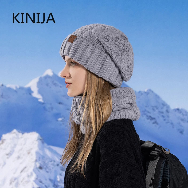 Winter Women's Knitted Hat & Scarf Set with Fleece Lining - Warm Skullcap for Outdoor Cycling & Wind Protection