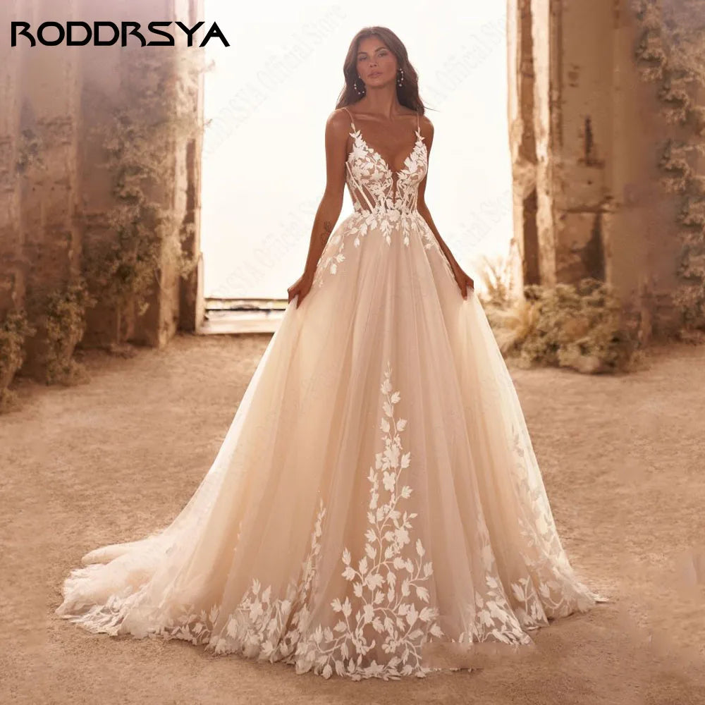 RODDRSYA Glitter Wedding Dress – Spaghetti Straps V-Neck Backless Boho Bridal Gown with Train