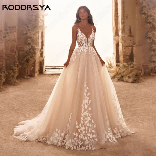 RODDRSYA Glitter Wedding Dress – Spaghetti Straps V-Neck Backless Boho Bridal Gown with Train