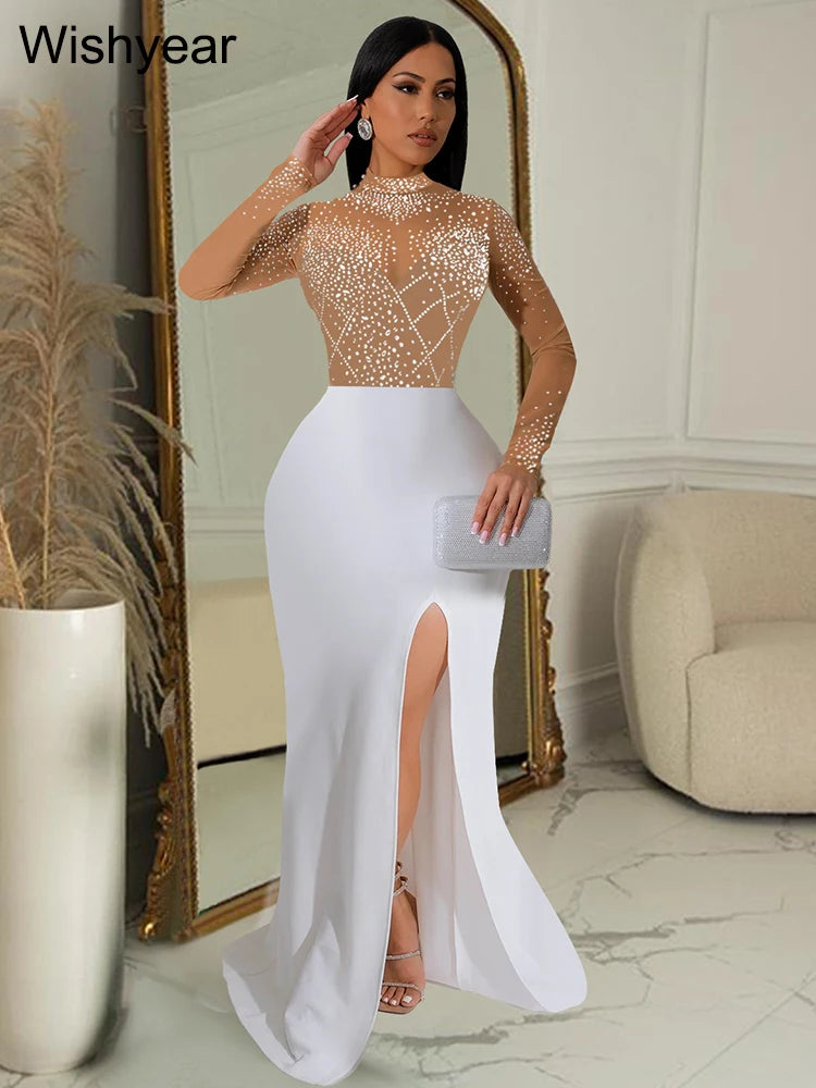 Wishyear Mermaid Evening Dress – Elegant Mesh Patchwork Long Sleeve High Split Prom Dress for Women