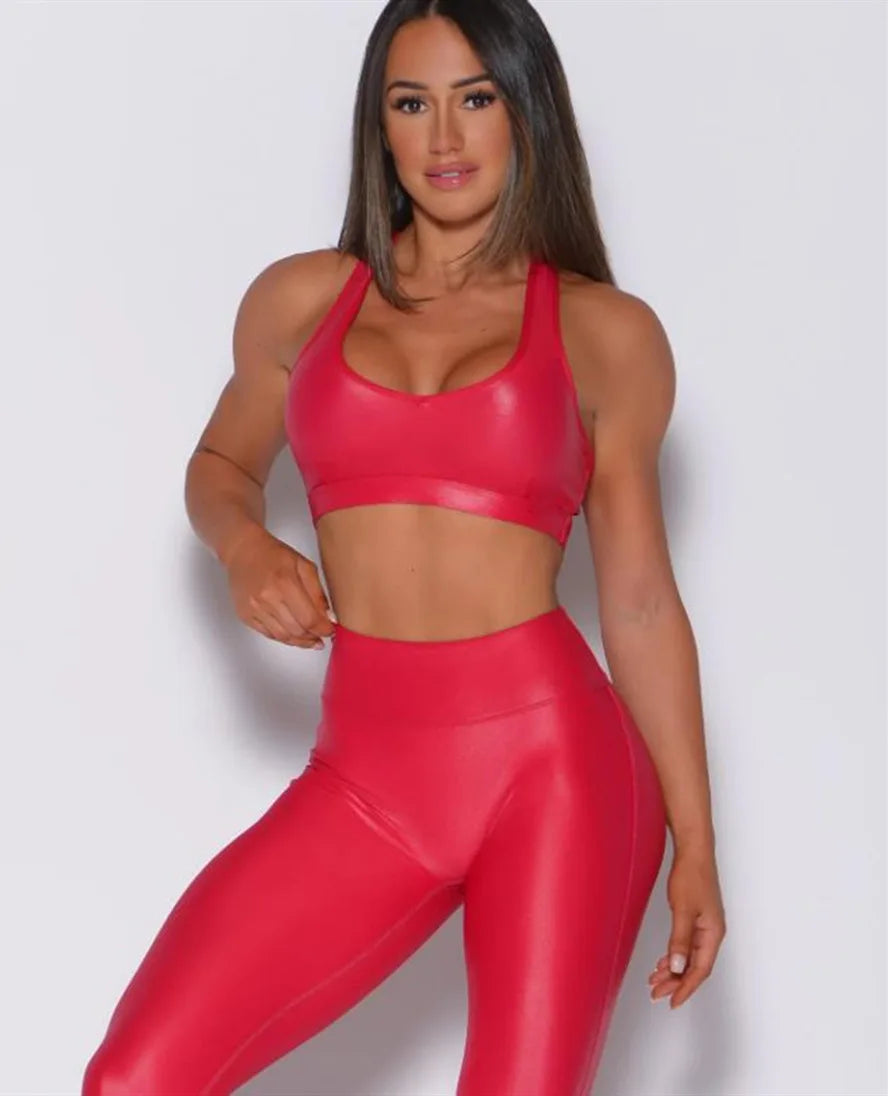 Pmwrun Women's Shiny Fabric Sports Bra and High Waist Legging Set