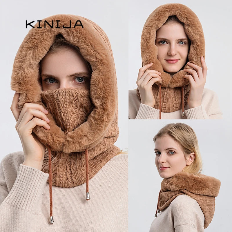 Winter Fur Beanie Mask Set - Women's Hooded Cashmere Balaclava & Neck Warmer for Skiing