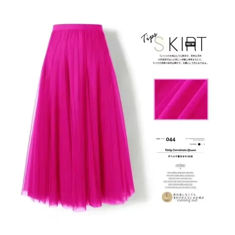 Elegant High-Waisted Pleated Mesh Skirt – Women's Chic A-Line Long Dance Skirt