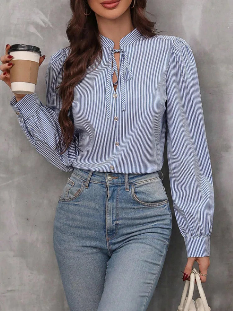 Elegant V-Neck Button-Down Shirt – Women's Long-Sleeve Striped Blouse for Office & Work Wear