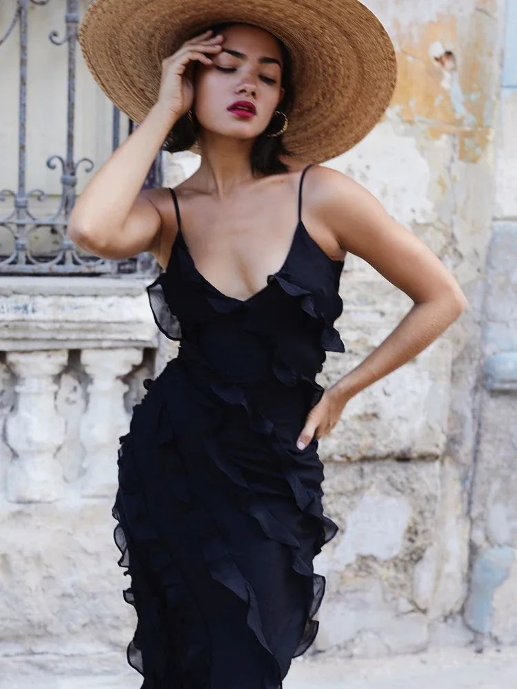 Elegant Chiffon Ruffle Sling Maxi Dress