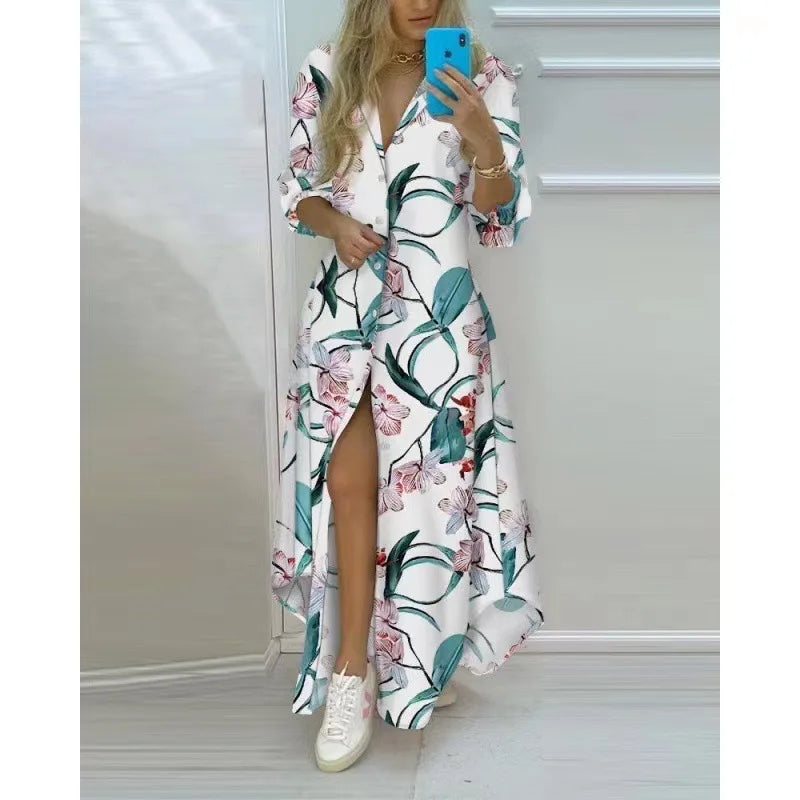 Boho Printed Long Shirt Dress – Turn-Down Collar Long Sleeve Maxi Dress for Women