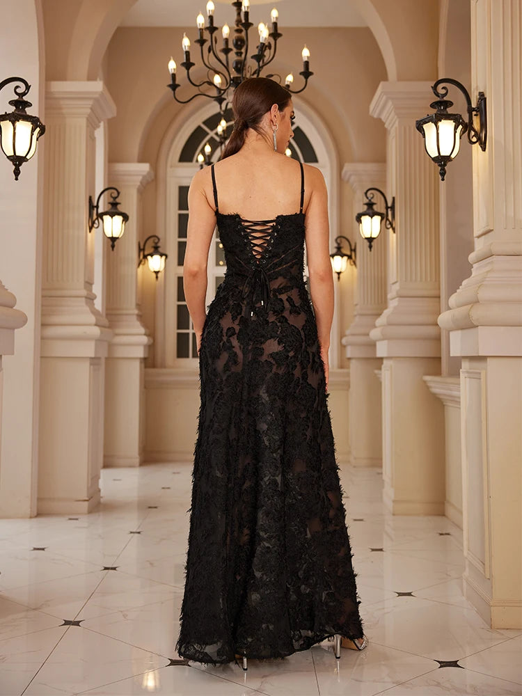 Mingmingxi Elegant Black Applique Maxi Dress
