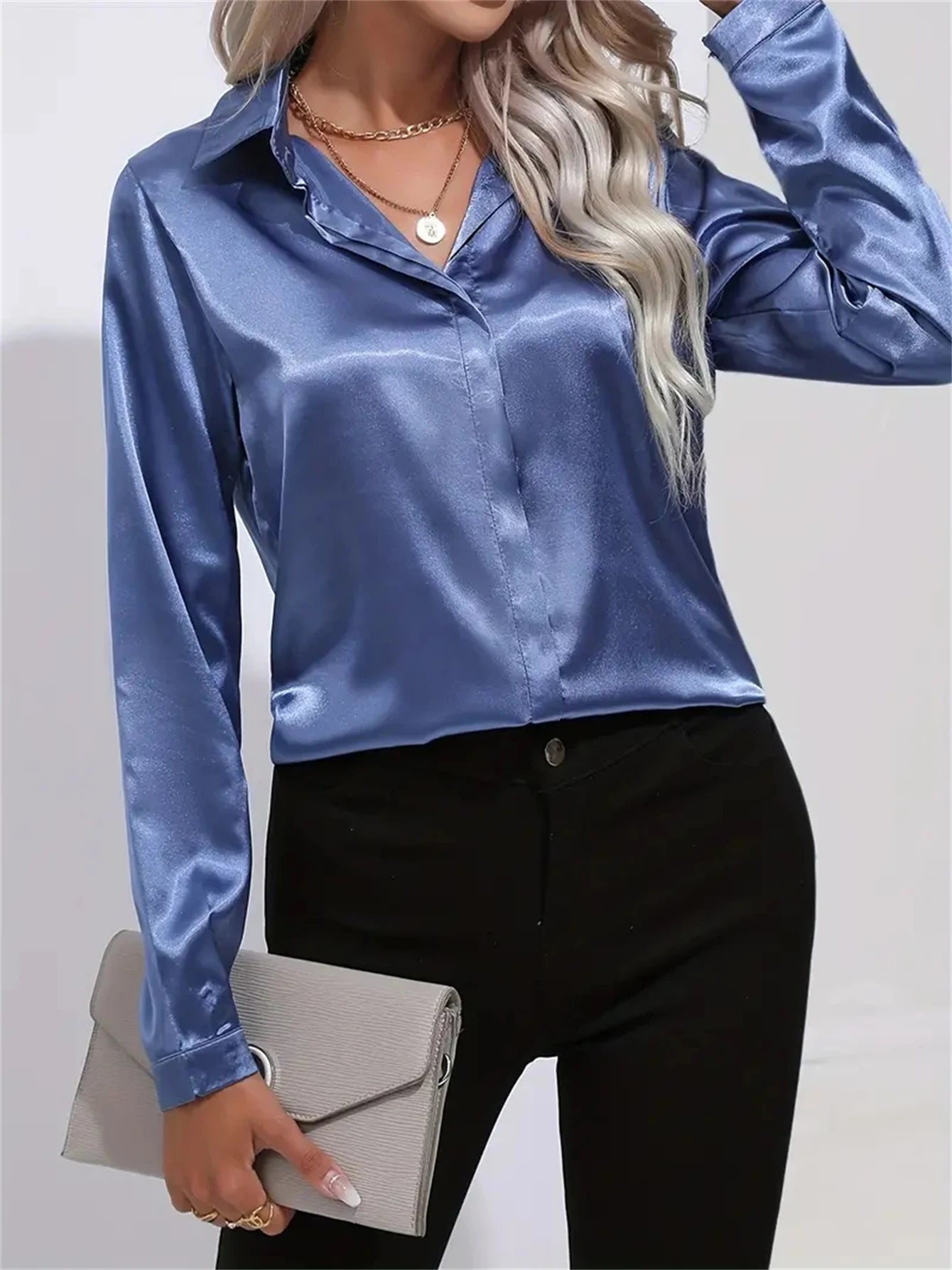 Elegant Turn-Down Collar One-Button Satin Shirt for Women
