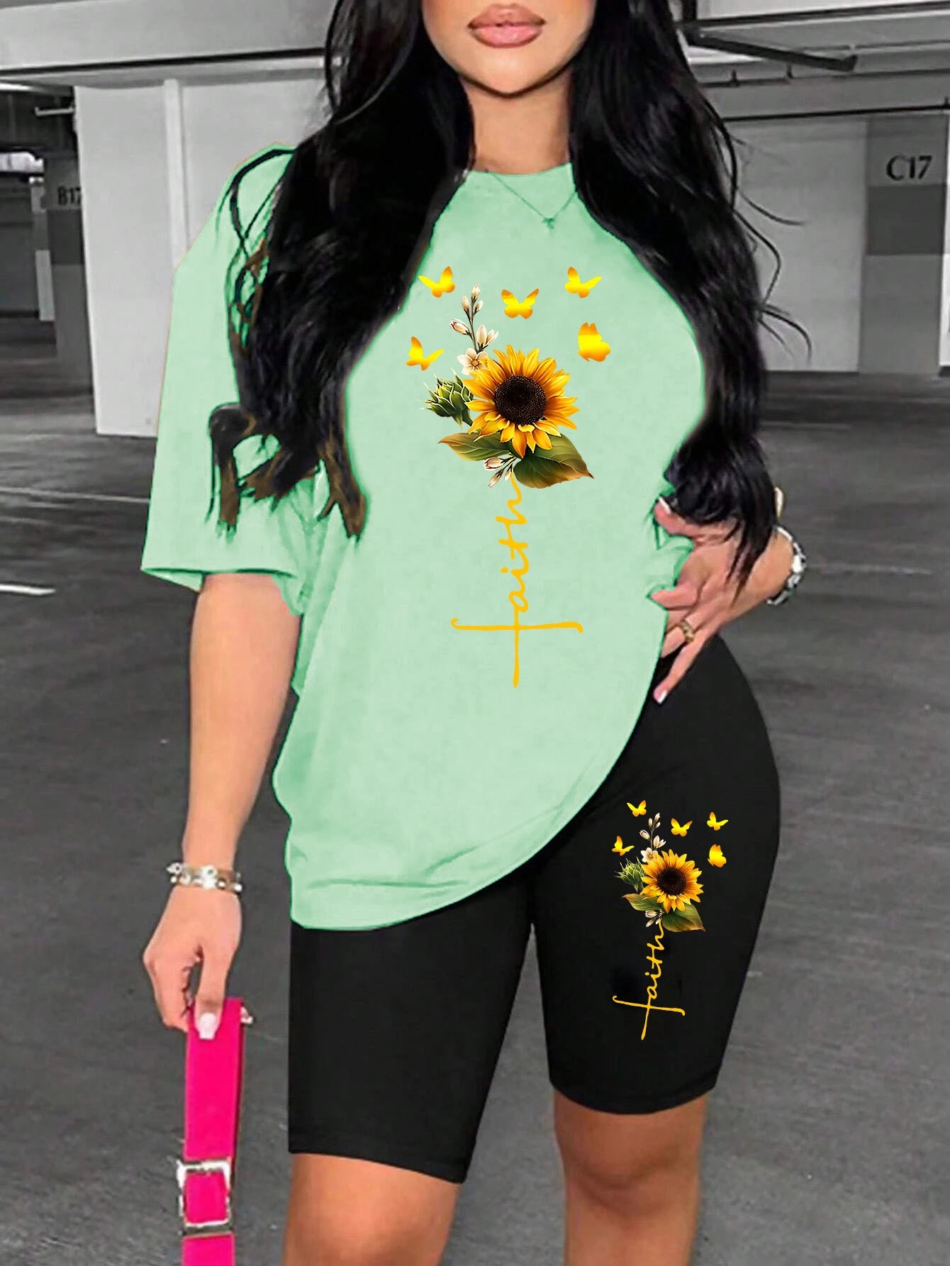 Sunflower Butterfly Two-Piece Set – Printed Tee & Shorts