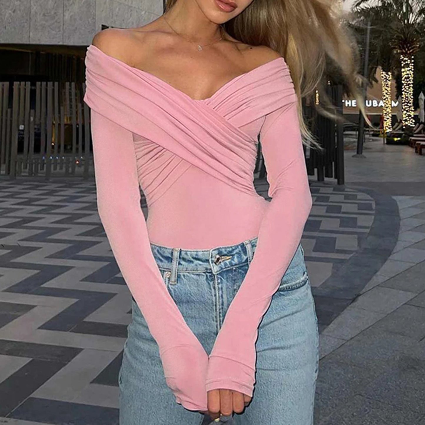 Fashion Off-Shoulder Cross-Front Shirt – Women's Slim Fit Long-Sleeve Top for Clubwear & Streetwear