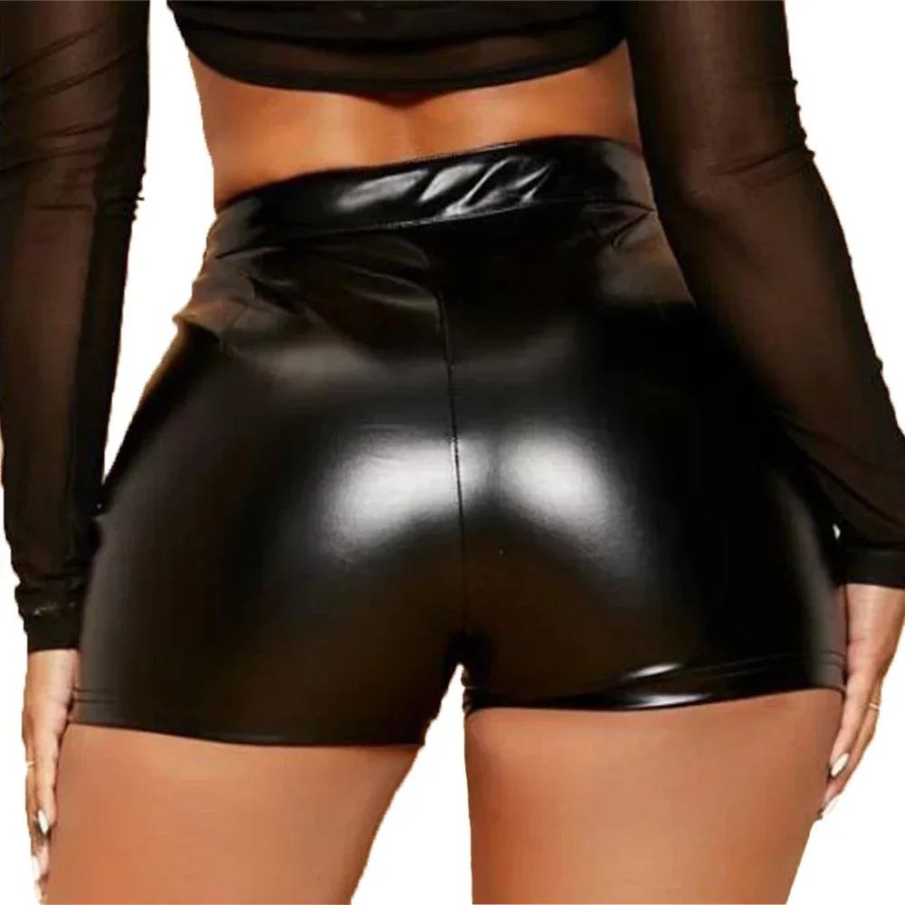 Sexy High-Waist Faux Leather Shorts – Women's Shiny Tight Mini Pants for Nightclub & Party Wear