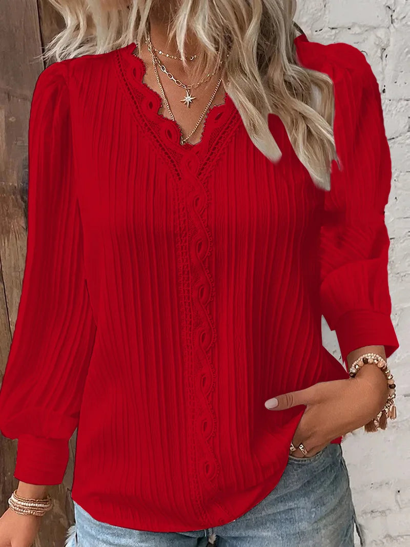 Elegant V-Neck Lace Patchwork Blouse – Women's Long-Sleeve Chic Shirt for Summer & Casual Wear