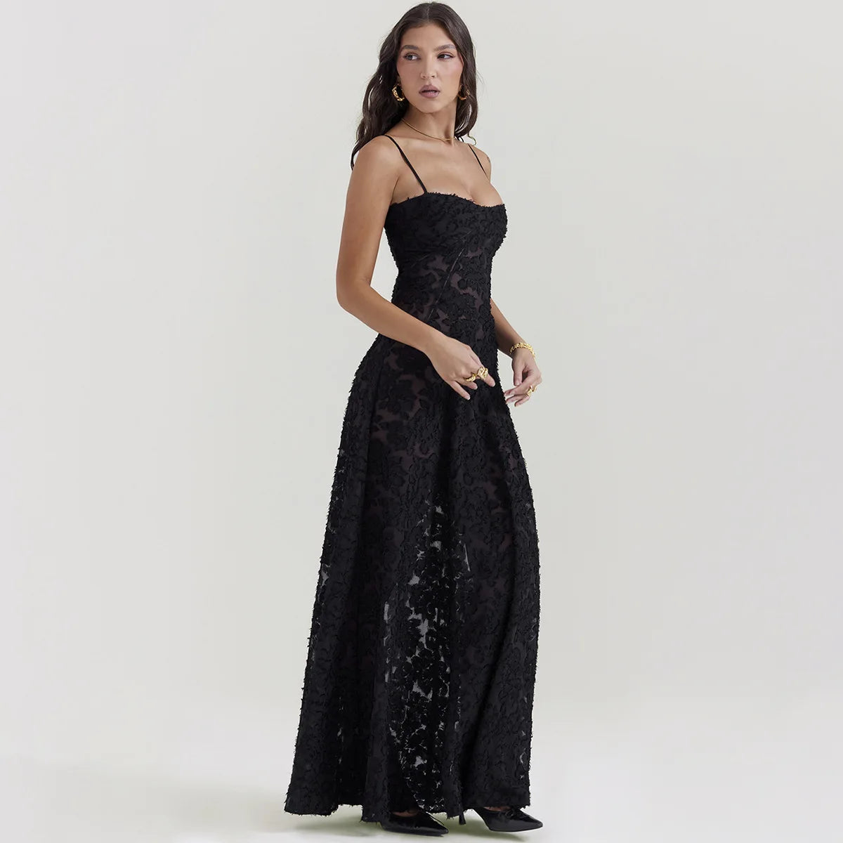 Oligai Elegant Embroidered Black Maxi Dress