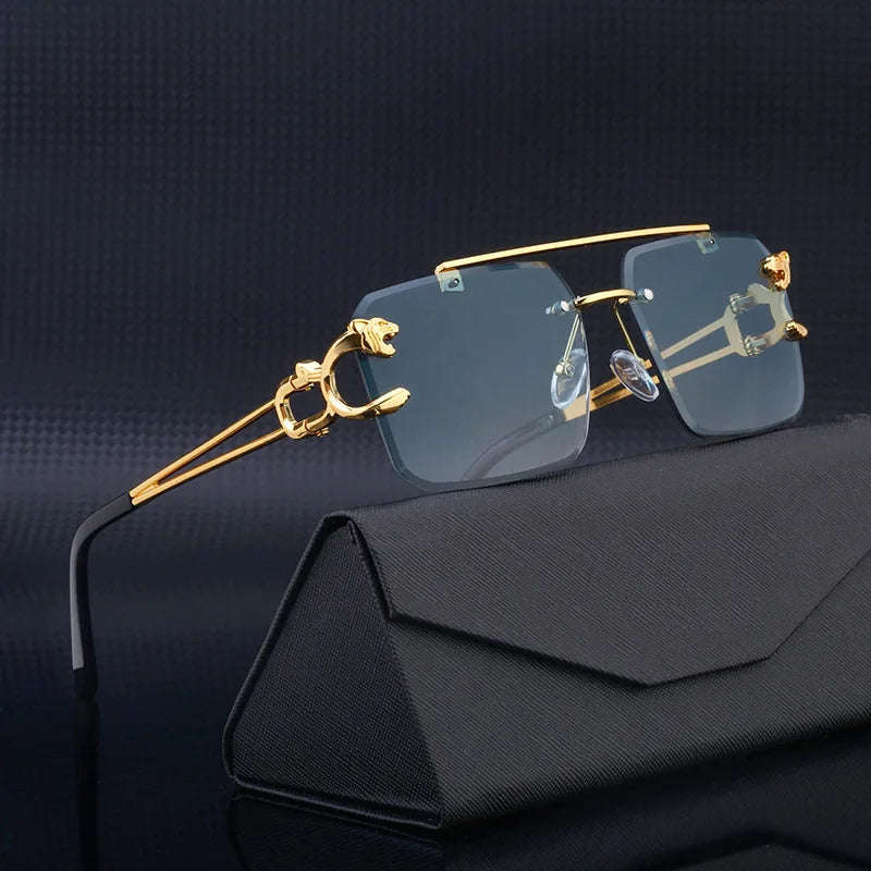 Trendy Leopard Rimless Sunglasses with Double Bridge, Gradient Lenses & UV400 Protection