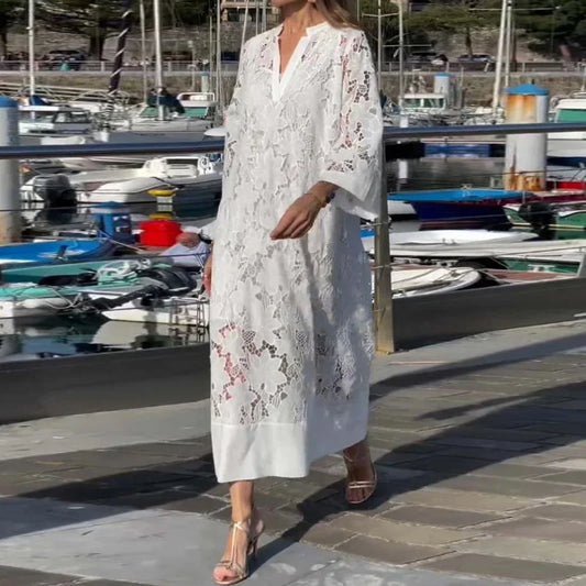 Elegant White Lace Hollow Evening Dress – V-Neck Contrast Patchwork Mesh Party Dress for Women