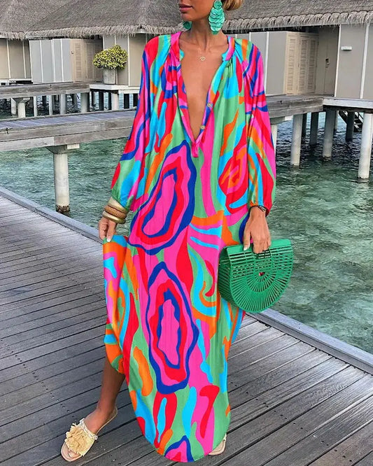 Bohemian Deep V-Neck Maxi Dress – Lantern Sleeve Vintage Beach Cover-Up for Women