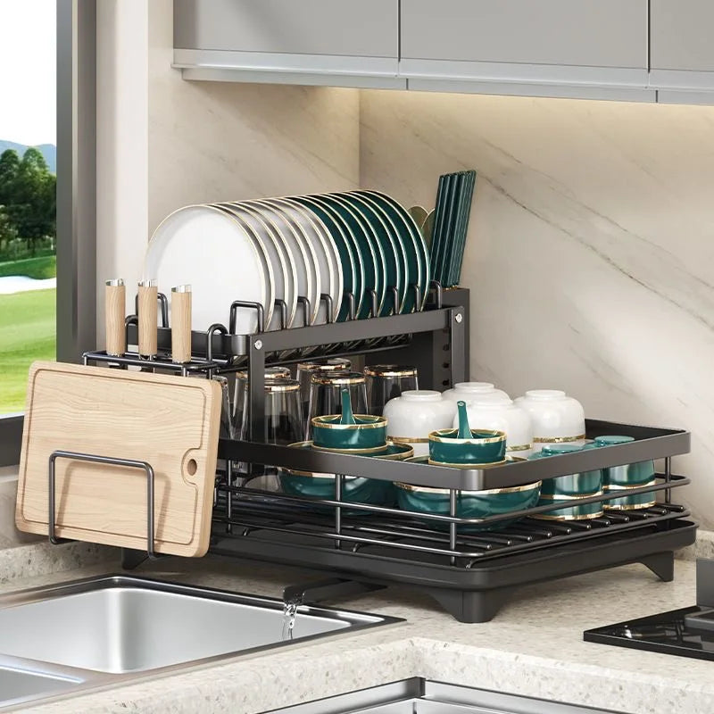 Stainless Steel Dish Rack with Cutting Board – Adjustable Kitchen Storage for Dishes & Utensils