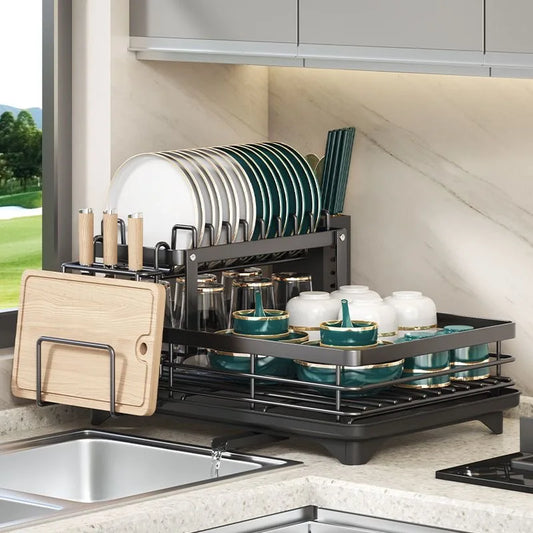 Stainless Steel Dish Rack with Cutting Board – Adjustable Kitchen Storage for Dishes & Utensils