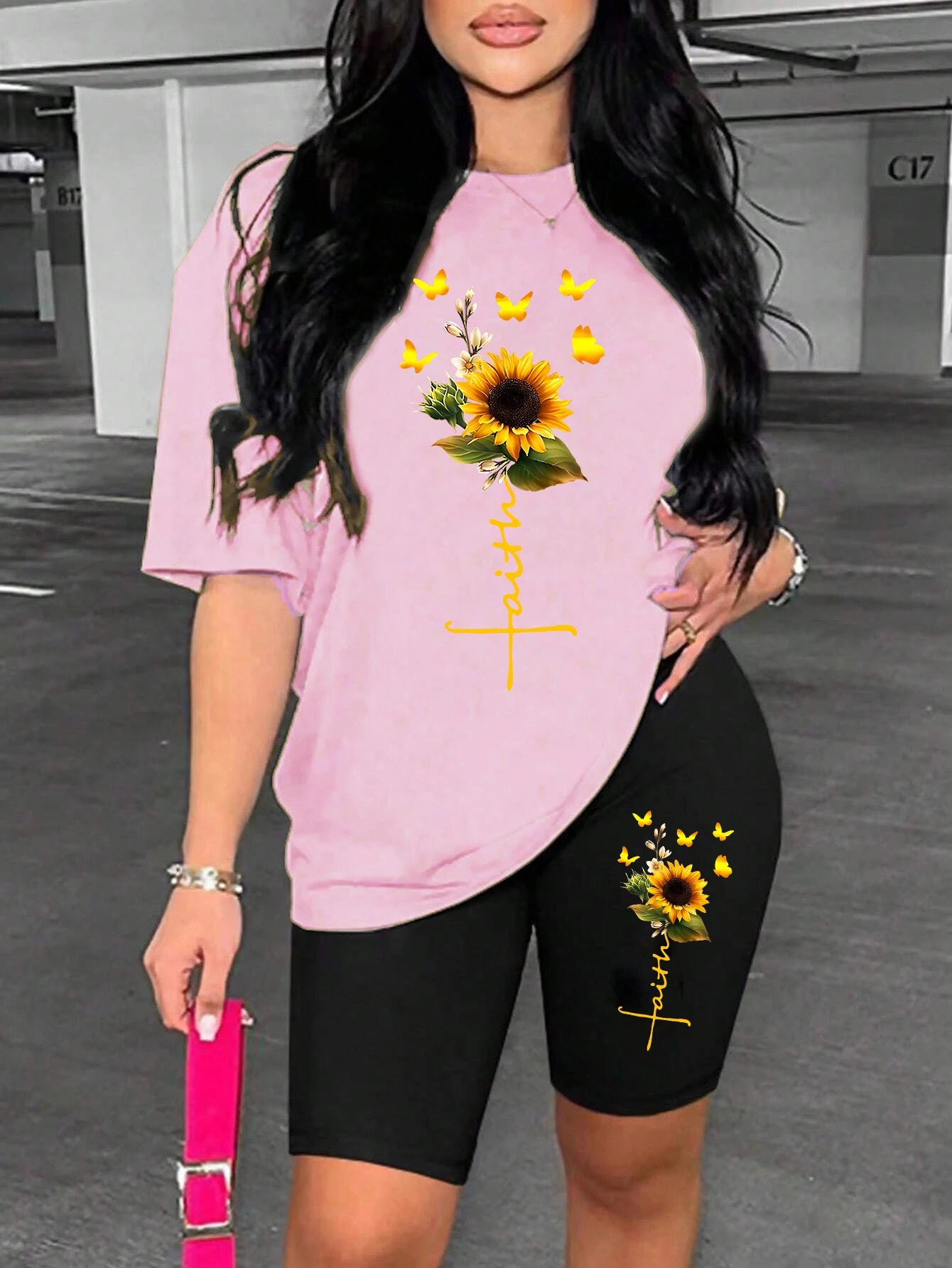 Sunflower Butterfly Two-Piece Set – Printed Tee & Shorts