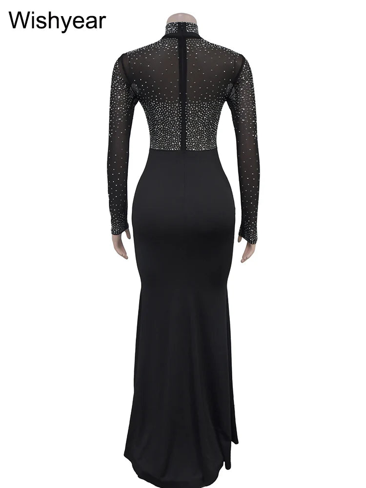 Wishyear Mermaid Evening Dress – Elegant Mesh Patchwork Long Sleeve High Split Prom Dress for Women