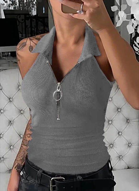 Solid Color Zipper Lapel Vest Top