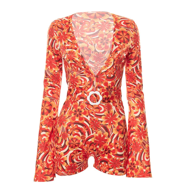 Vintage Floral Deep V-neck Jumpsuit - Flare Sleeve Bodycon Playsuit