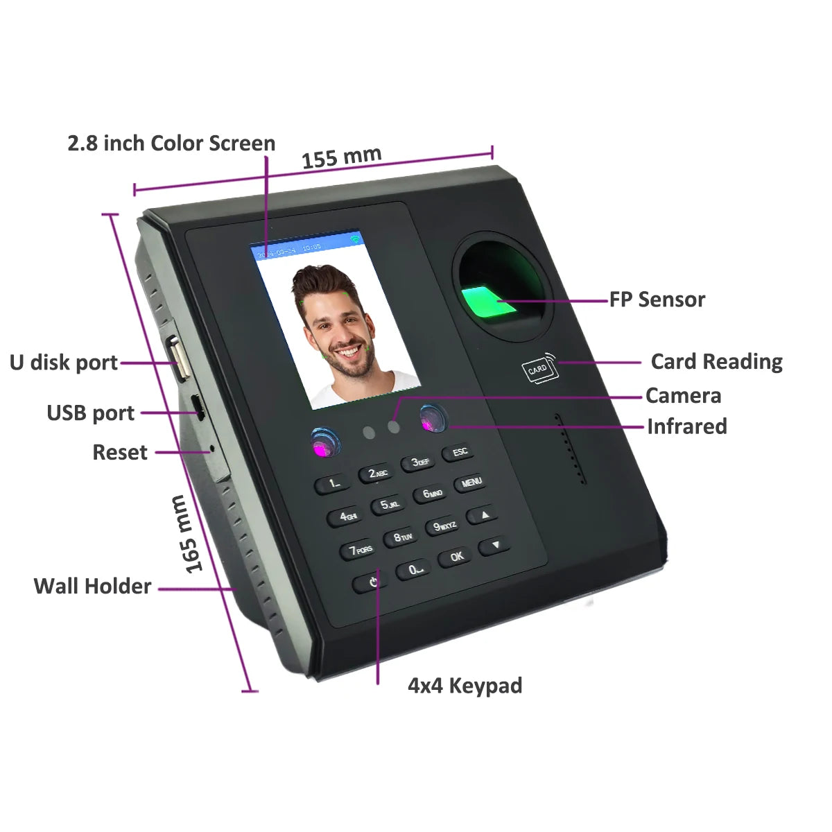 WiFi Facial & Fingerprint Time Attendance System | 2000mAh Battery | Employee Time Clock Management