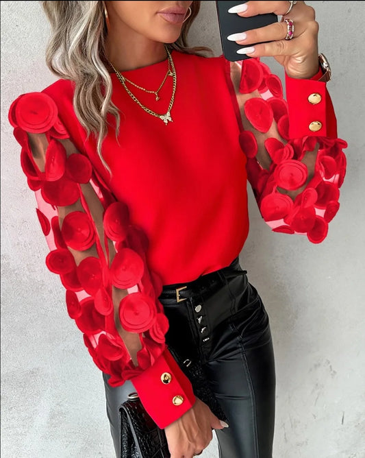Elegant Lantern Sleeve Blouse – Women's Button Splicing O-Neck Shirt for Office & Casual Wear