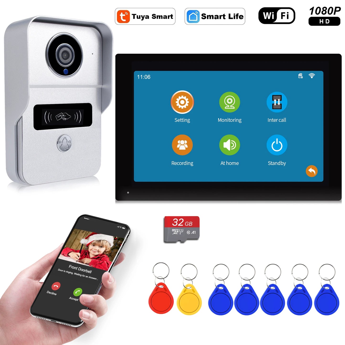Wireless WiFi Video Doorbell System – 1080P Camera, 7-Inch Touch Screen, Video Intercom with 32GB SD Card