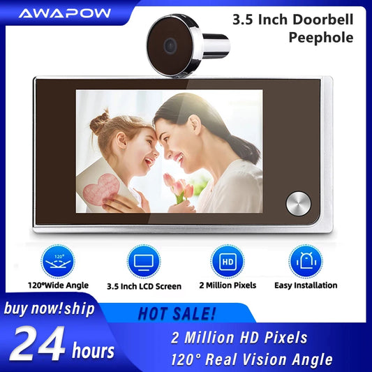 Awapow 3.5 Inch Digital Doorbell Viewer – 120° LCD, 2MP HD Camera, Outdoor Monitor