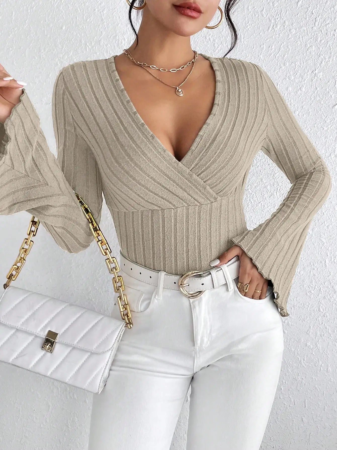 Sexy V-Neck Striped Knit Top – Women's Slim Fit Long-Sleeve Shirt for Fall & Winter