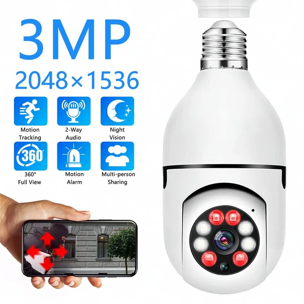 WiFi E27 Bulb PTZ Camera, 4X Digital Zoom, AI Human Motion Detection, Full Color Night Vision, Wireless Home Surveillance Camera