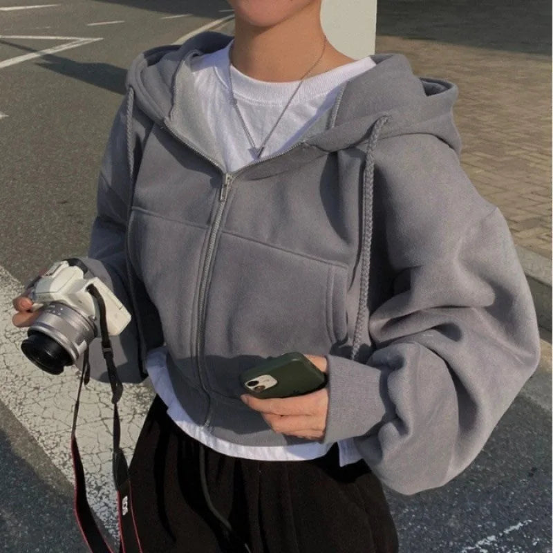 2024 Women’s Navy Blue Fleece-Lined Zip-Up Hoodie — Slim Cropped Sweatshirt