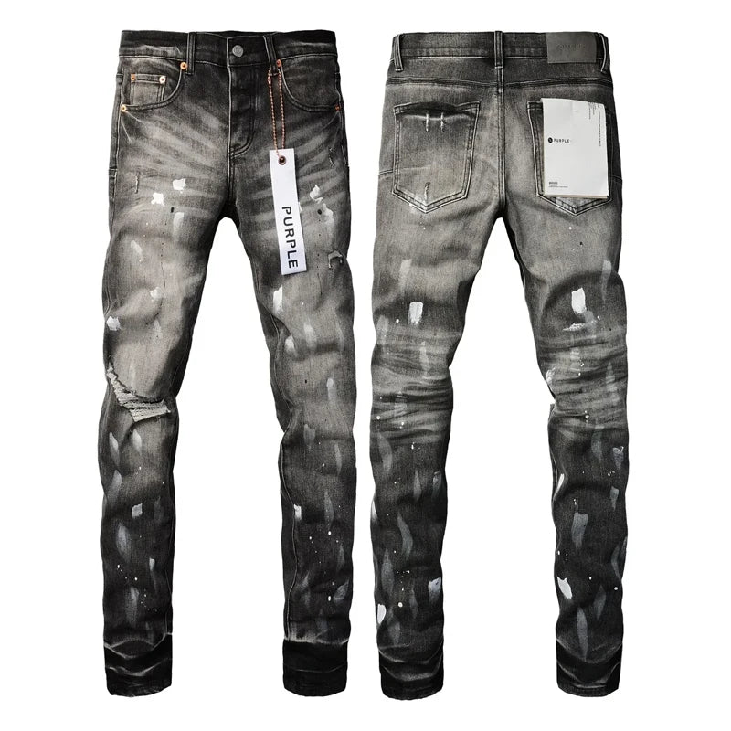 Purple Distressed High-Waist Jeans with Black Paint 2024